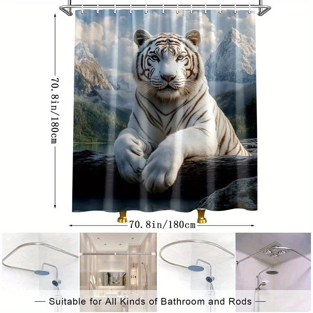 1pc Majeic White Tiger Shower Curtain - Scenic Mountain View with Majestic Tiger Design, Durable Polyester Fabric, Machine Washa