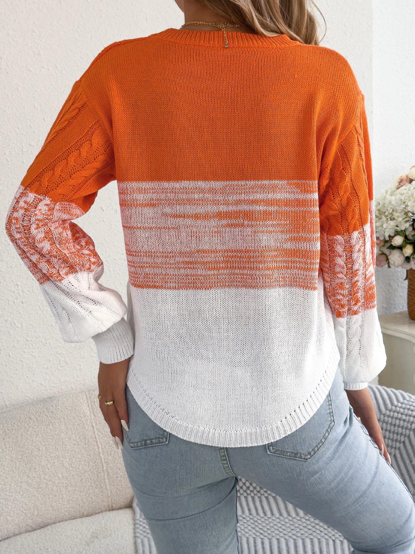Woman Casual Color Block Striped Sweater Round Neck Lantern Long Sleeve Twist Knitted Tops for 2025 Autumn Winter Women Clothes