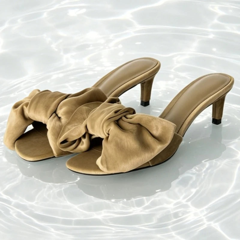 Fashion Satin Bow Detail Mules Sandals Women High-quality Open-Toe Kitten-Heel Slippers for Ladies Luxury Brand Designer Shoes