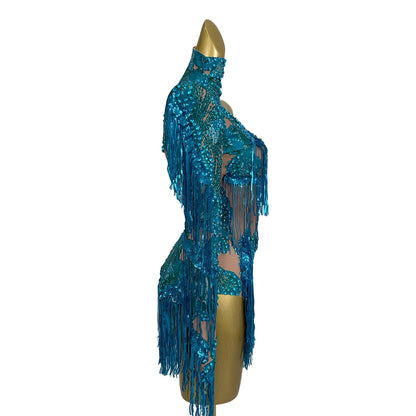 Sparkly Sequins Tassel One Shoulder Tight Bodysuit Women Dance Leotard Outfit Nightclub Bar Performance Costume Stage Wear Duxiu