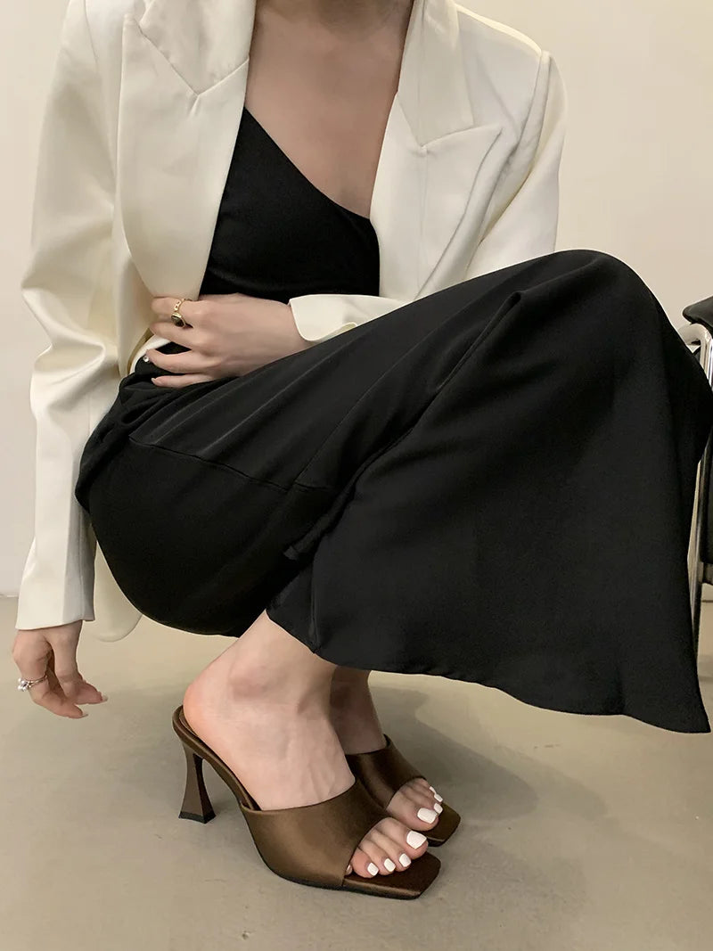 Liyke High Quality Cozy Silk Wide Square Toe Women Slippers Sandals Strange Heels Mules Slides Summer Party Dress Shoes Brown
