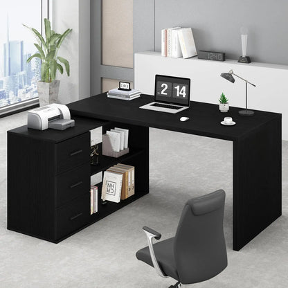Black L Shaped Computer Desk with Drawers, L Shaped Home Office Desk with Storage Cabinet Shelves, Reversible, Customized
