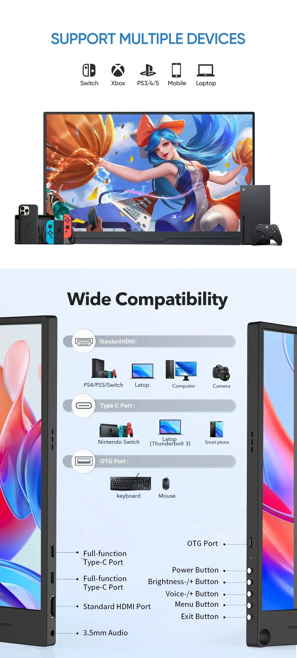 4K Gaming Monitor 15.6 inch Portable Monitor 3840x2160 60Hz Extended Screen Display for Xbox PS 4 5 Switch Office Work Phone