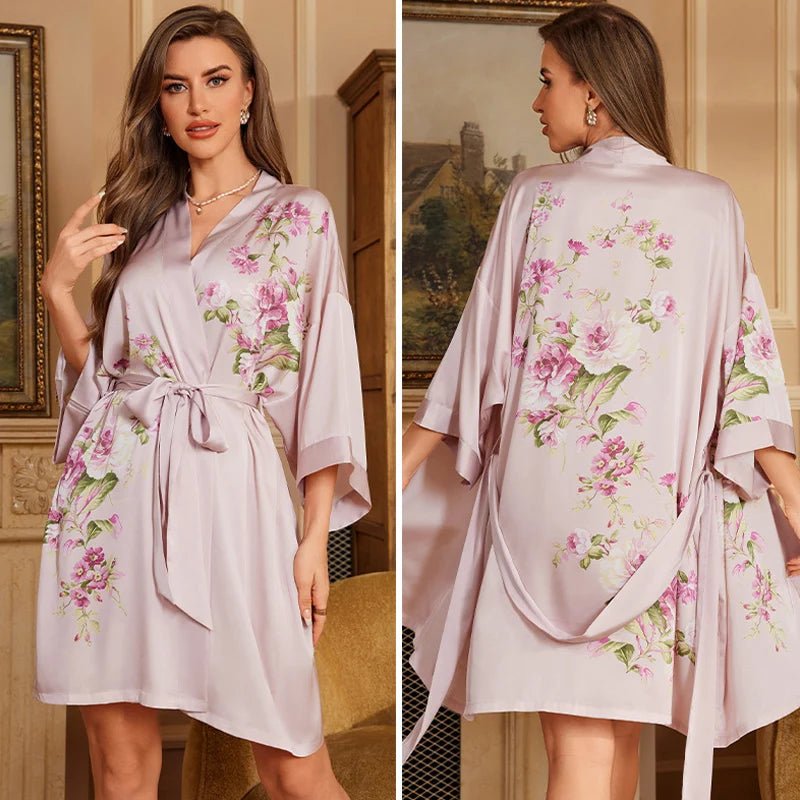 Navy Blue Print Flower Robe Nightgown Silk Satin Female Sleepwear Nightdress Spring Summer Loose Kimono Bathrobe Gown Home Wear