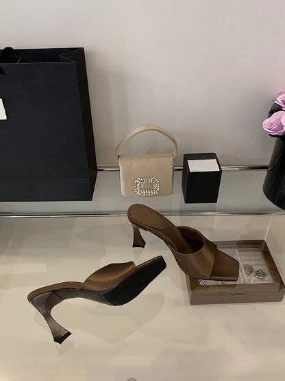 Liyke High Quality Cozy Silk Wide Square Toe Women Slippers Sandals Strange Heels Mules Slides Summer Party Dress Shoes Brown