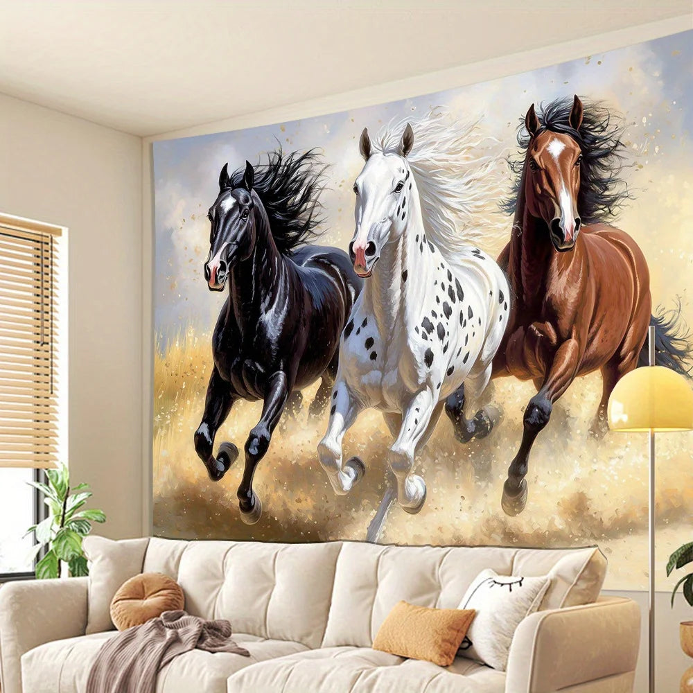 Wild Horse Tapestry, Three Stallions Running Freely in the Prairie, Great for Adding a Majestic, Untamed Touch to Your Room
