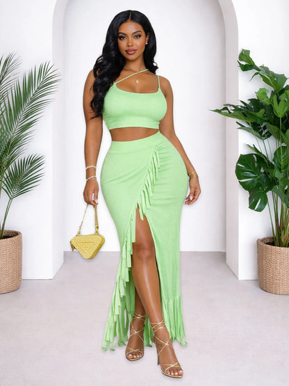 Summer Y2K Two Piece Set Cross Strap Crop Top and Fringe Split Skirt Fashion Casual Beach Party Outfit Women Clothing