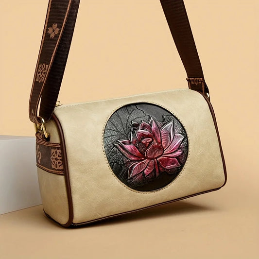 Fashionable and Trendy Women's Small Square Bag, Featuring Unique Lotus Embossing Craftsmanship, Showcasing Elegance and Individuality, with a Wide Shoulder Strap Design for an Ultimate Comfortable Experience. Versatile Shoul