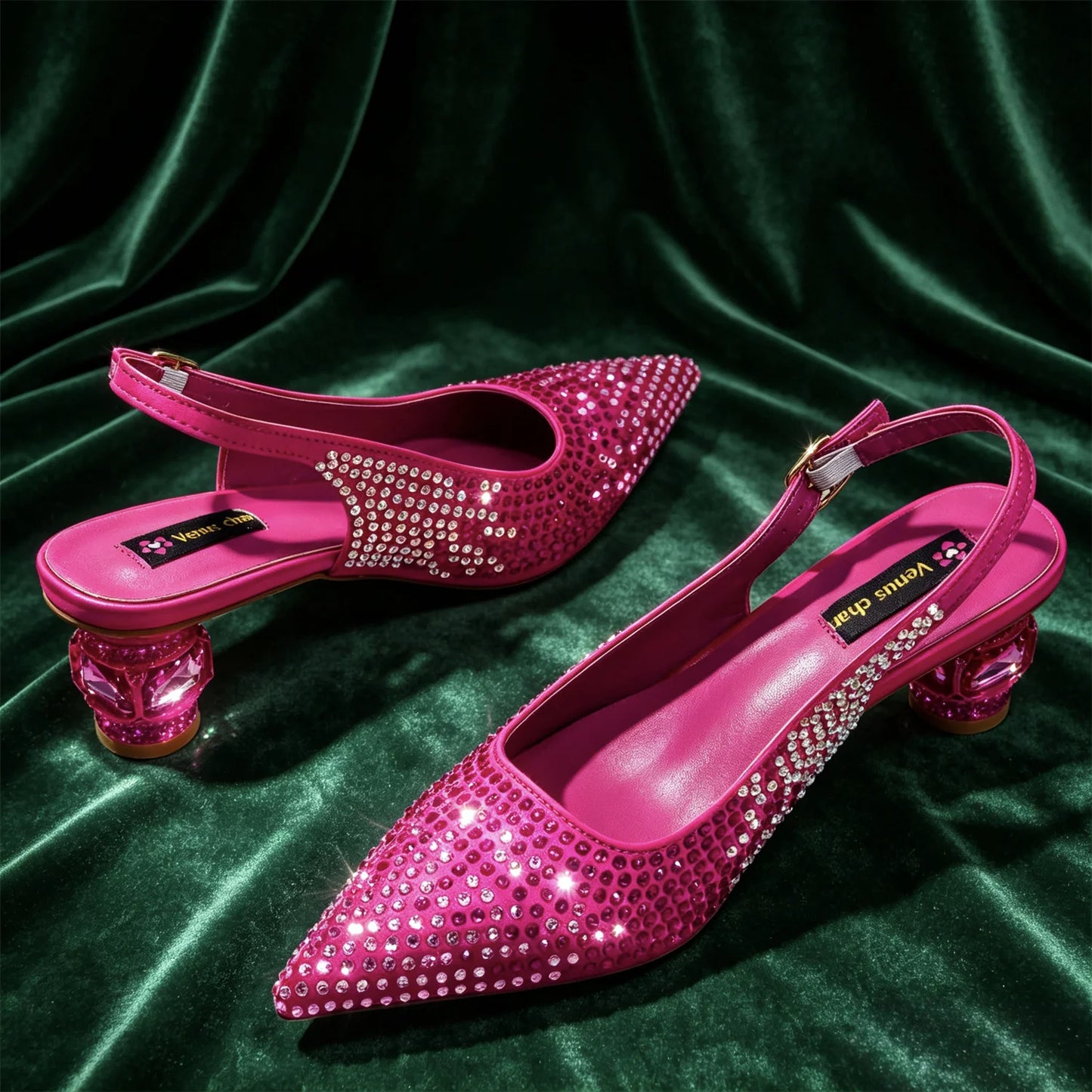 Hot Fuchsia Full Rhinestone Slingback Heels Matching Clutch Bag Set Women Luxury Crystal Pointed Shoes for Wedding Evening Party