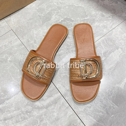 Women Luxury Decor Weave Design Flat Sandals Fashion Open-toe Vacation Casual Slides Party Sexy Elegant Office-Ladies New Shoes