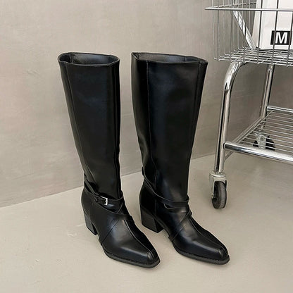 New Women Square Toe Cross Strap Buckle Knee High Boots Leather Chunky Heel Vintage Tall Boots Ladies Daily Commute Botas Mujer