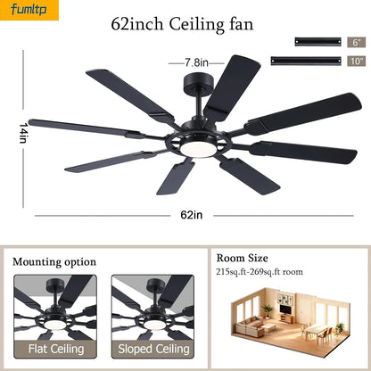 62-Inch Ceiling Fan with Light & Remote, 8 Blades, 6-Speed DC Motor, Quiet Timer for Indoor/Outdoor Use