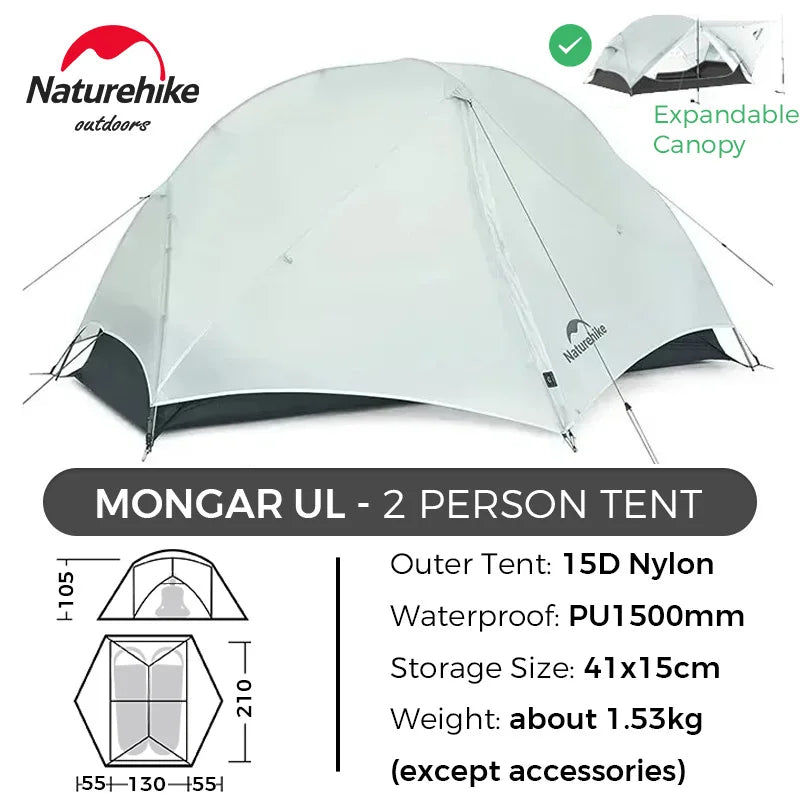 Naturehike Mongar 2 UL/PRO 1-2 Person Backpacking Tent Nylon Waterproof Ultralight Travel Trekking Shelter Tent with Footprint