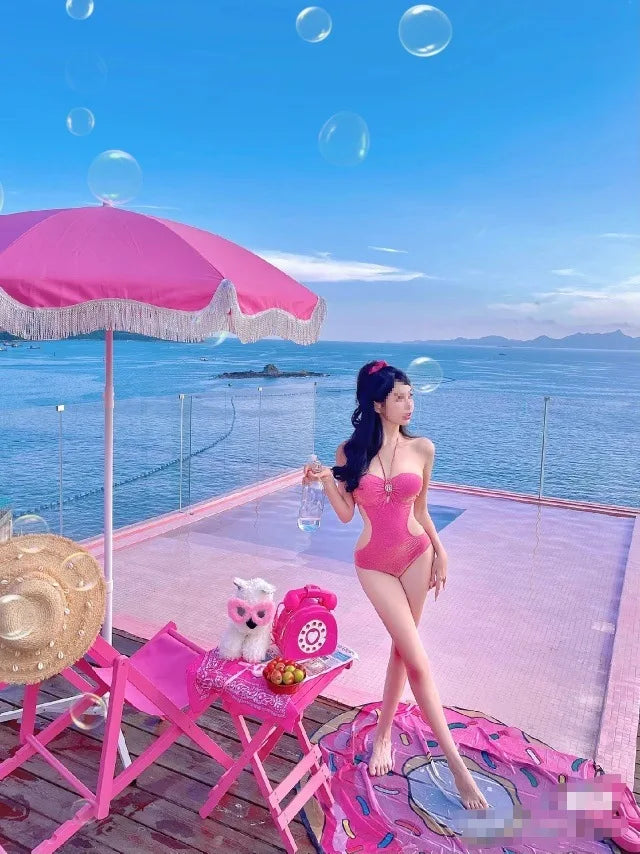 Pink beach parasol, white outdoor props, sun umbrella, garden big beach umbrella promotional advertising umbrella