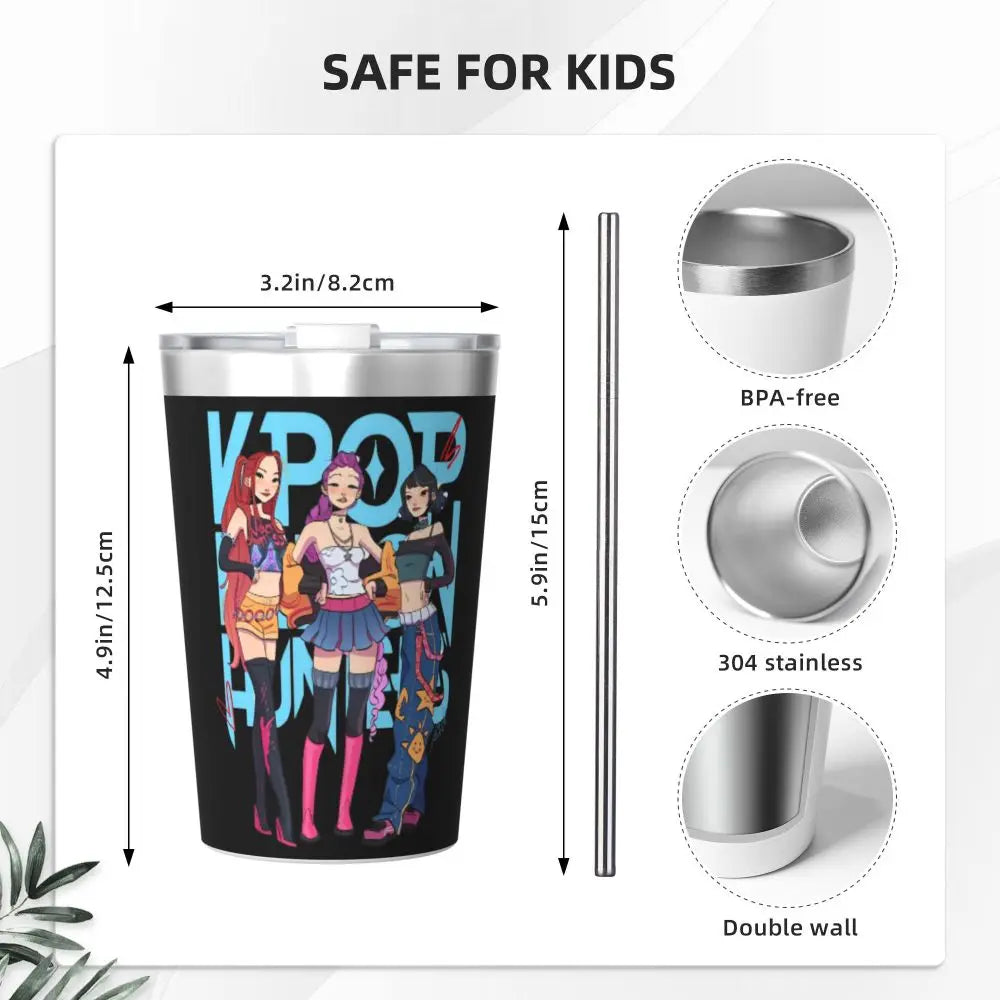 Mystery Saja Boys Kpop Demon Hunters Tumbler With Straw For Kids Stainless Steel Travel Mugs Double Wall Vacuum Insulated 12oz