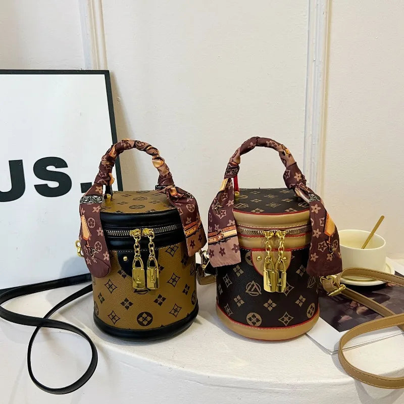 Stylish Printed Bucket Bag with Scarf Detachable Strap Shoulder Crossbody Bag for Women