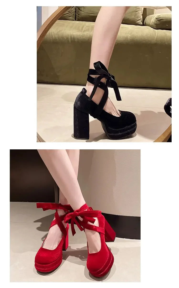 Platform Mary Janes Shoes Women Suede Luxury High Heel Lace Up Trend Lolita Shoes Elegant Chunky Party Pumps Zapatos De Mujer