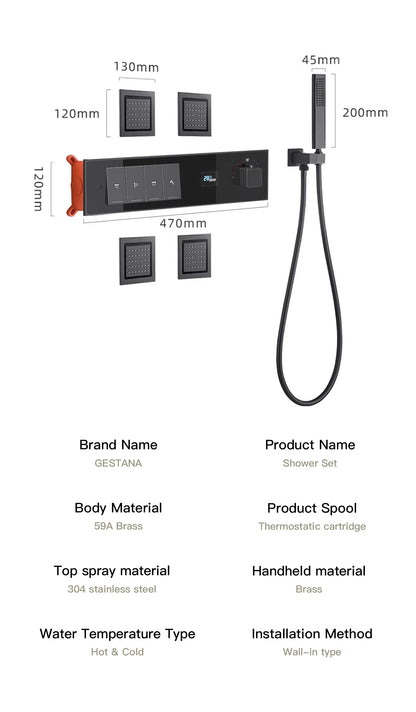 Gun gray brass luxury LED digital display constant temperature shower system embedded ceiling hot and cold water bathroom mixer