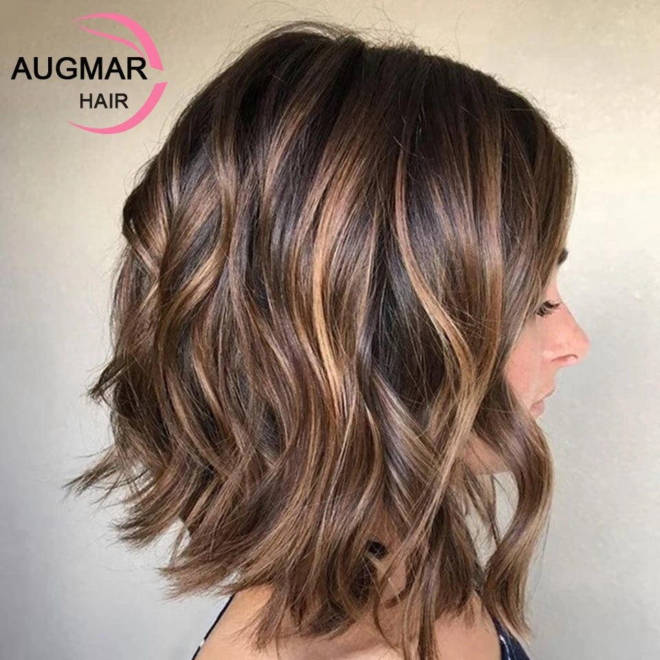 Short Wavy Blonde Highlight Wig Human Hair Wigs Ombre 13x4 Brown Lace Front Wig Brazilian Full Lace Wig 13x6 HD Lace Frontal Wig