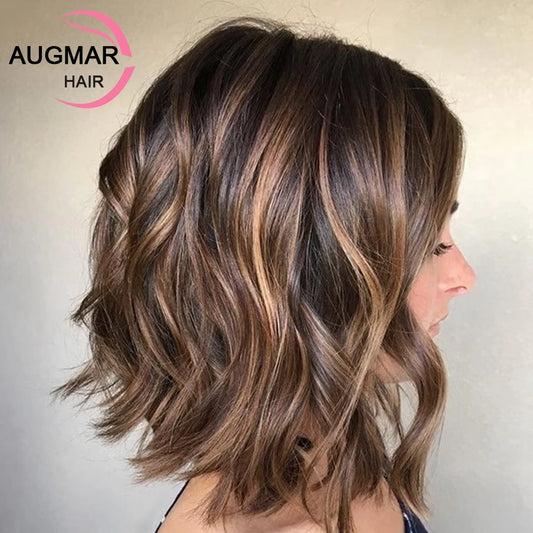 Short Wavy Blonde Highlight Wig Human Hair Wigs Ombre 13x4 Brown Lace Front Wig Brazilian Full Lace Wig 13x6 HD Lace Frontal Wig