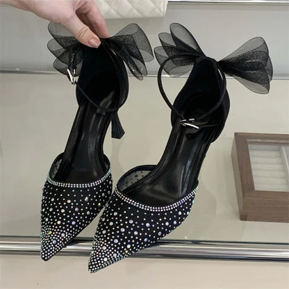 Eilyken Spring Sexy Crystal Mesh Bowknot Pumps Women Pointed Toe Buckle Strap Sandals Thin Heels Party Shoes Zapatos Mujer