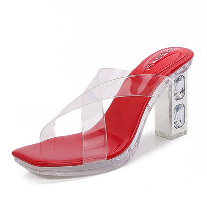 2025 Red High Heels 8cm Women Shoes Rhinestone Thick Heels Square Toe Ladies Pumps Cross Tie Straps Slippers Sandals Party Shoes