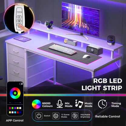 JHK 40In to 47In Gaming Computer Desk with 4 Storage Drawers Wood Office Desks with Power Outlets and LED Lights for Home Office