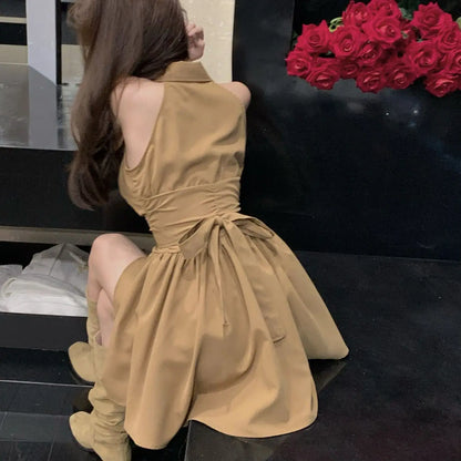 Sleeveless Dresses Women Bow Lace-up Turn-down Collar Mini High Street A-line Hotsweet Partywear Korean Fashion Vestidos Ins