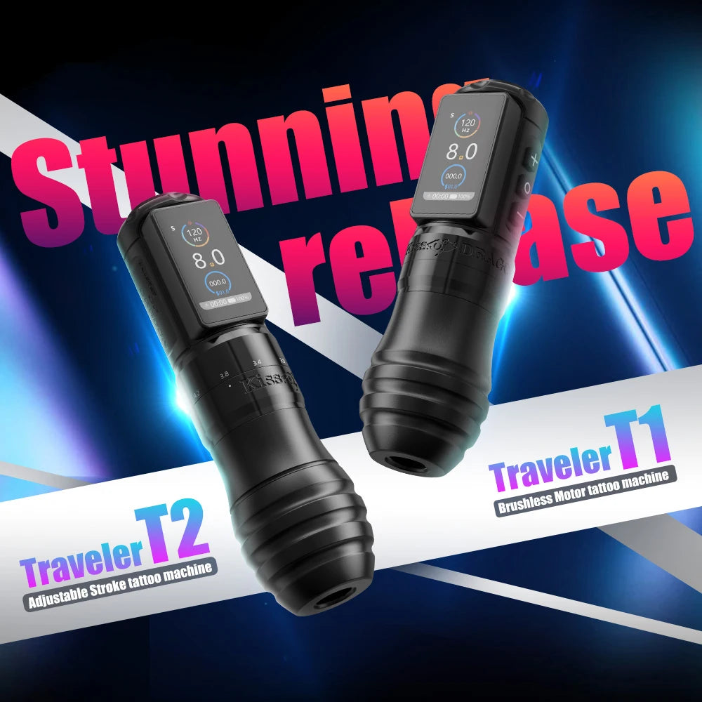Ambition Wireless Tattoo Machine Traveler-T1 Straight Rod Direct Drive and Traveler-T2 Adjustable Stroke 2.4-4.2mm Battery Pen