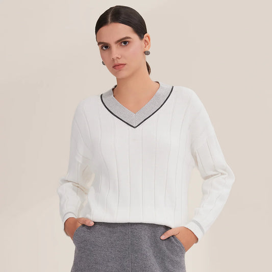 BY4521246 Women's Luxurious V-Neck Long Sleeve Sweater 100% Cotton Casual Knitted Pullover Fall Winter 2025