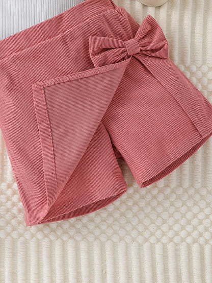 Toddler Girl Summer Fashion Casual Clothes Top With Heart Puff Sleeve &Pink Short Pant With Bow Active Clothing Set For 1-6Y