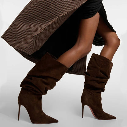2025Women's Autumn and Winter New Pleated High-heeled Short Boots with Pointed Sleeves, Women's 35-47 Large Mid Length Boots