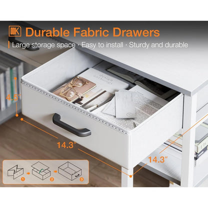 Small Computer Desk for Home Office, 48"x16" Writing Desk with Fabric Drawers & Storage Shelves, White