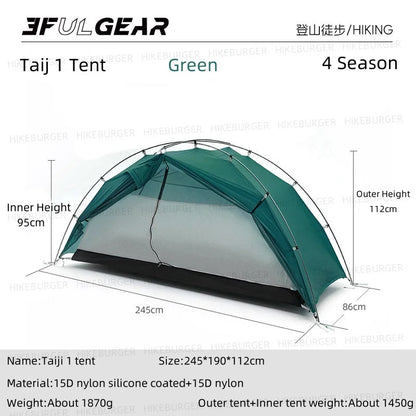 3F UL GEAR Taiji 1 Tent Outdoor Camping 1 Person Tent Ultralight 15D Nylon Tent Waterproof Hiking Mountaineering