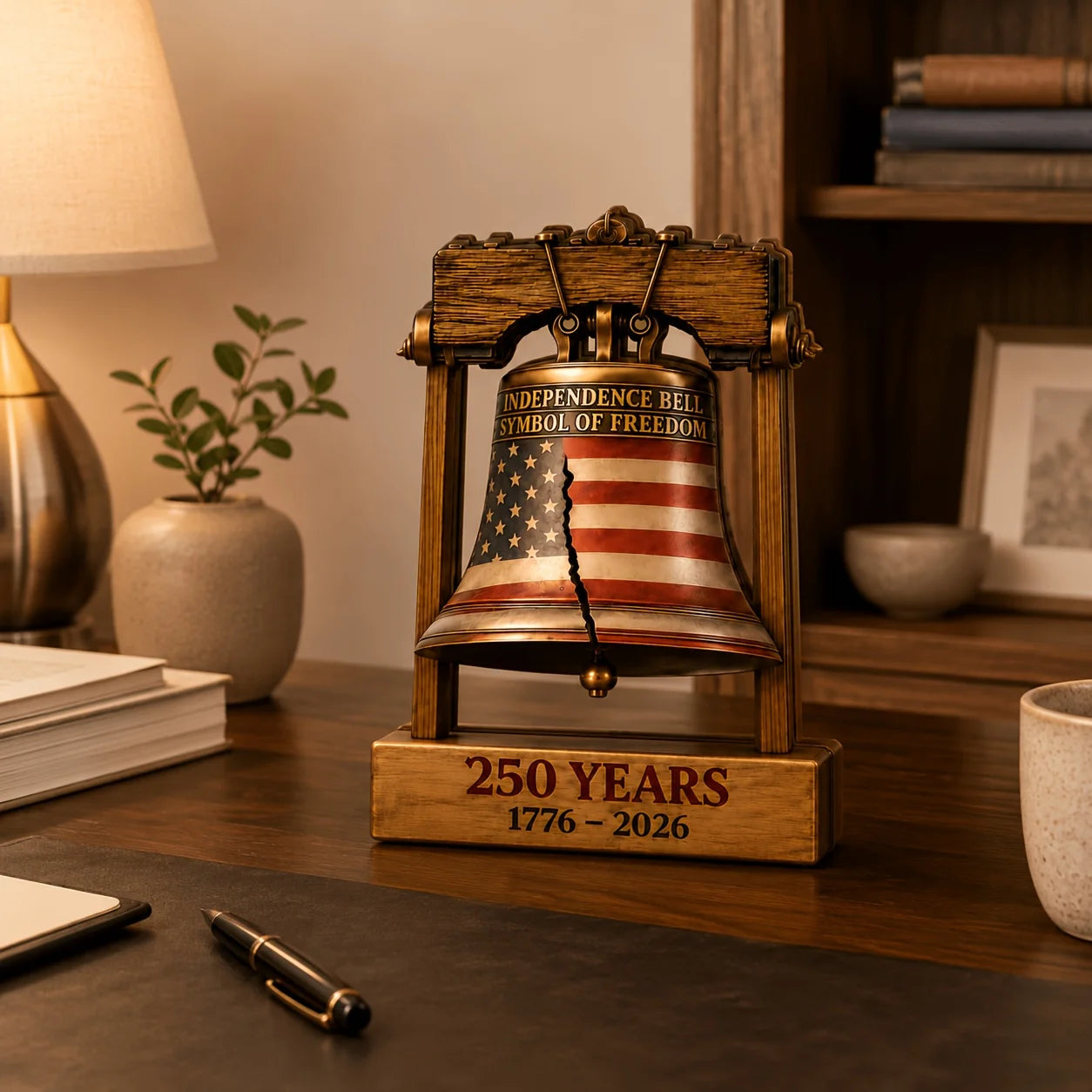1 Piece American 250Th Anniversary Liberty Bell Wooden Desktop Decoration, Patriotic Independence Day Desktop Ornament, 1776-2026 Liberty Bell Woodworking Craft Emblem, Suitable for Home, Office, Bookshelf, and Party Decorati