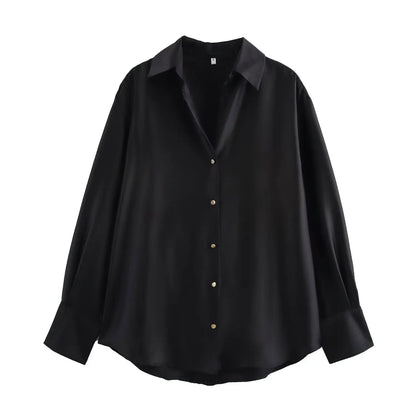 DUOPERI Women Fashion Satin Brown Blouse Lapel Neck Long Sleeves Vintage Female Chic Lady Shirts