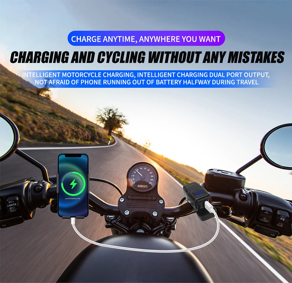 1x Motorcycle Dual USB Socket QC3.0 Fast Charger 60W Handle Style with Switch Voltmeter Waterproof 12V Power Supply Adapter Kit