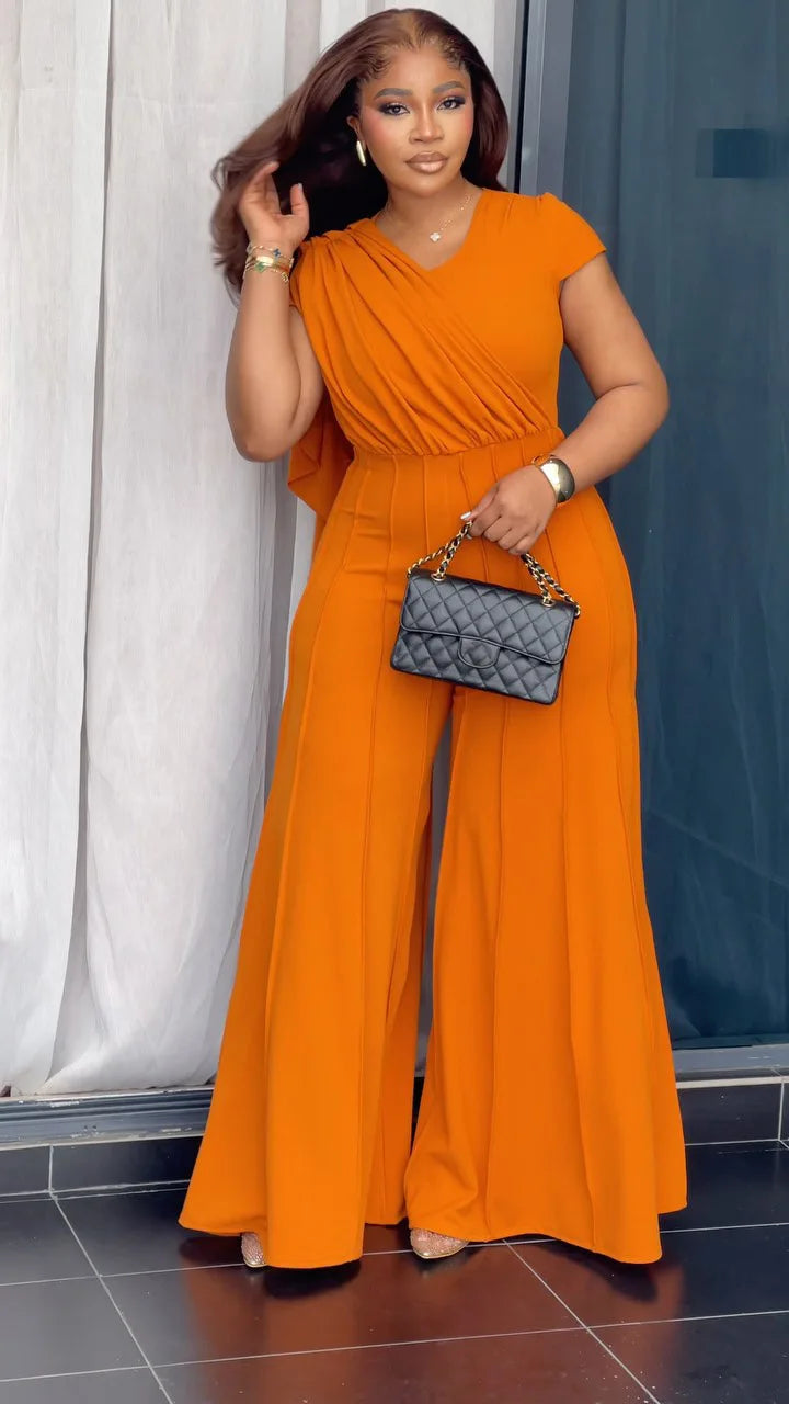 Women Shirrring Jumpsuits Mini Lenth Jumpsuit Short Sleeves V Neck Top High Waist Wide Leg Pants Casual Loose Fit 2026 Summer