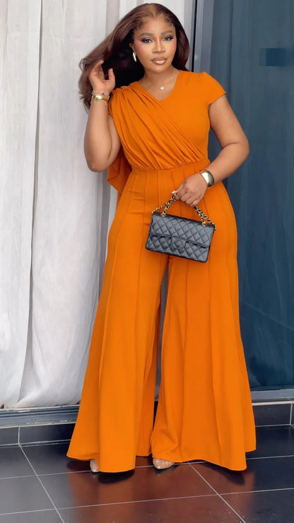 Women Shirrring Jumpsuits Mini Lenth Jumpsuit Short Sleeves V Neck Top High Waist Wide Leg Pants Casual Loose Fit 2026 Summer