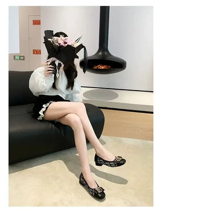 Soft Bottom Women Bean Metal Single Shoes Fashionable Versatile Shallow Mouth Retro Square Head Flat Bottom Coarse Women's Shoes