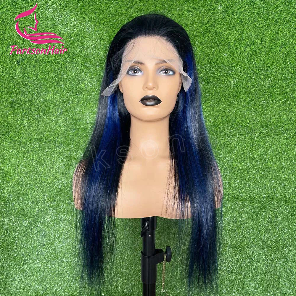 13*4 13*6 Straight Highlight  Black With Blue Lace Frontal Wigs Human Hair Wig For Black Women Brazilian  Hair Full Lace Wigs