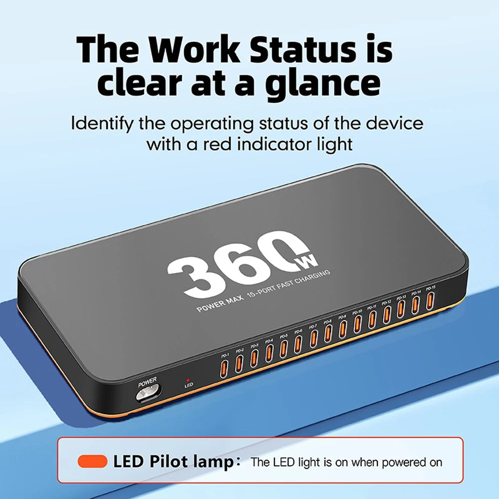 360W USB Charger 15 in 1 Desktop PD 24W Fast Charge USB Type C Charger LED Display Charger For iPhone Xiaomi Smartphone Laptop
