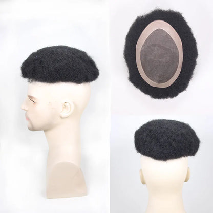 Afro Black Mens Toupee 4MM Man Wigs100% Human Hair African American Systems Afro Curly Hair pieces Replacement 1#Jet black 8x10"