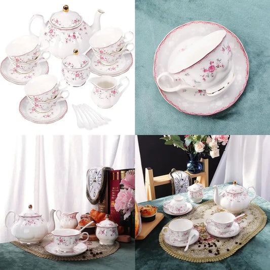 Vintage Porcelain Tea Set for Women, 6-Piece Tea Party Cup and Saucer Set, Floral Wedding Teapot Set for Adults, Pink Rose Desig