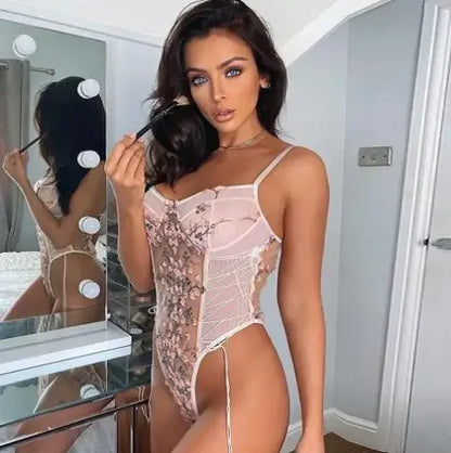 Retro 2024 New Gothic Sexy Mesh Romper Women Punk Aesthetic Fairycore Grunge Emo Floral Embroidery See Through Lingerie Jumpsuit