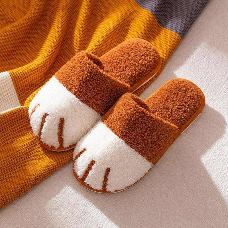 New Women's Winter Plush Slippers Cute Cat Paw Design Slippers Home Bedroom Indoor Shoes Men's Warm Comfortable Cotton Slippers