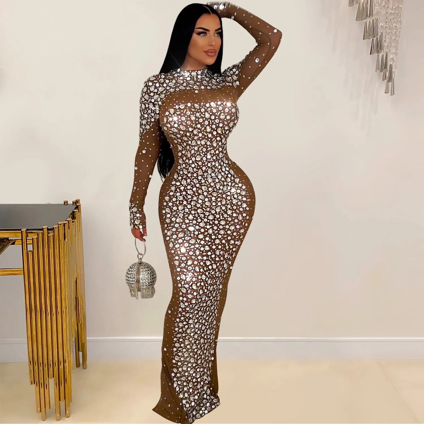Party Dress Women Floor Length Dresses Vestidos Hot Drilling Evening Bodycon Square Collar Prom High Waist Evening Night 2025