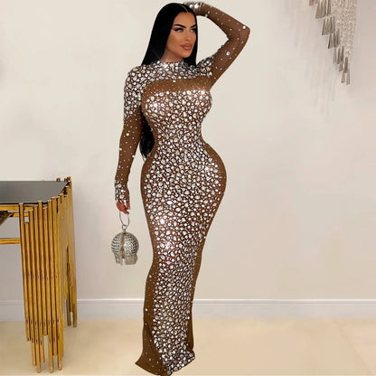 Party Dress Women Floor Length Dresses Vestidos Hot Drilling Evening Bodycon Square Collar Prom High Waist Evening Night 2025
