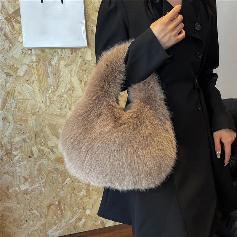 Winter Shoulder Bags Casual Furry for Women Solid Color Soft Plush Ladies Clutch Purse Handbags Lightweight Female Hobos Bag