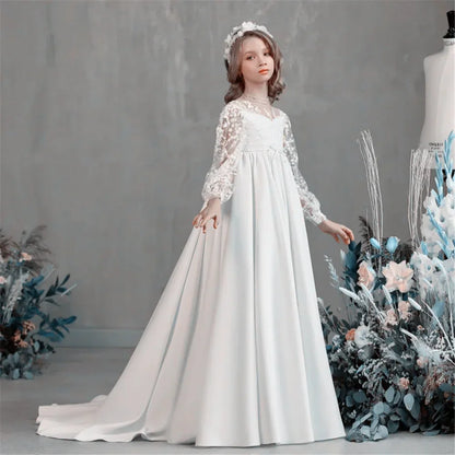 Lovely White Satin Flower Girl Dress for Wedding Dresses Little Princess Bow Kids Birthday Party Evening Customise Gowns